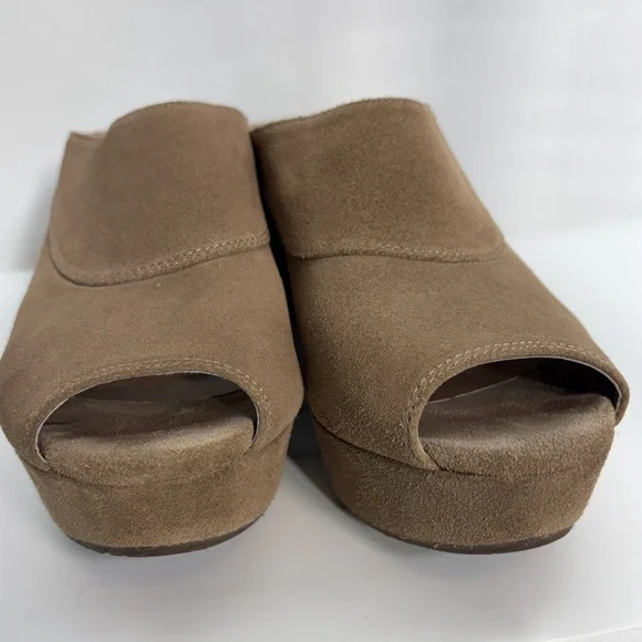 Chocolat Blu Wind Tan Leather Platform Wedge Peep Toe Sandals, Women’s Size 8 - Picture 3 of 9